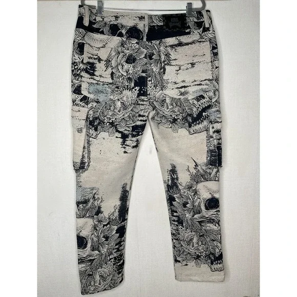 Rebel Vengeance Skull Skeleton Tapestry Cargo Pants Men's 36 Fringe On The Sides